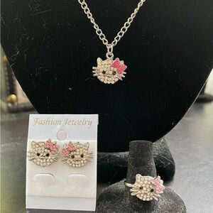 Hello Kitty Crystal Jewelry Set - Necklace Earrings and Adjustable Ring